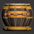Household Items Two Drums With Yellow Brown Stripes White Top Blue Dot And Orange Balls