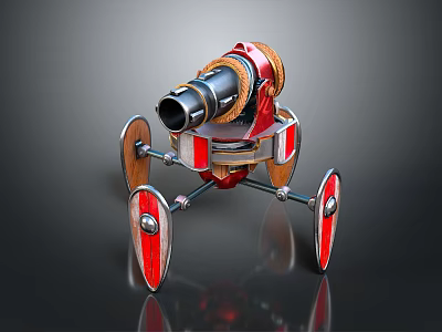 Scenic Outdoor View With Red Wooden Mechanical Device And Shiny Wheels 3d model