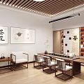 Modern Activity Room With Wooden Flooring Ceiling Strips And Blue Wall Decor Icons