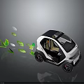 Small Modern Electric Car With Open Door And Green Leaves Trail At Rear