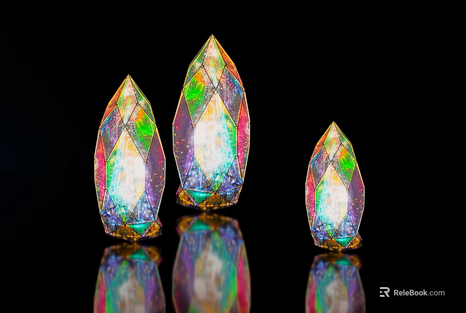 Colorful Iridescent Crystal Like Landscape Sculptures With Golden Base And Reflections On Black Background 3d model 