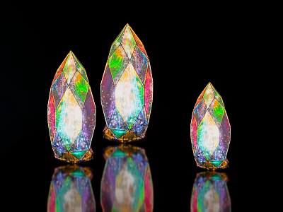 Colorful Iridescent Crystal Like Landscape Sculptures With Golden Base And Reflections On Black Background 3d model