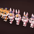 Cute Cartoon Tigers And Rabbits Characters Wearing Star Decorated Hats And Costumes