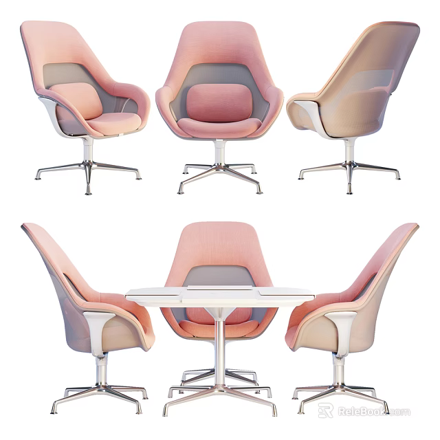 Modern Office Desk With Pink Upholstered Swivel Chairs And Metal Bases 3d model 