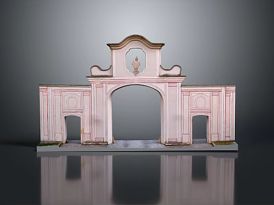 Classical Pink Arched Entrance Gate With Symmetrical Decorations And Pedestal Base 3d model