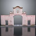 Classical Pink Arched Entrance Gate With Symmetrical Decorations And Pedestal Base