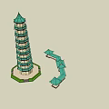 Traditional Chinese Multi Story Pagoda With Green Roof And Stone Structure