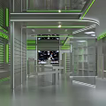 Modern Retail Store Interior With Metal Display Racks And Green Accent Lighting