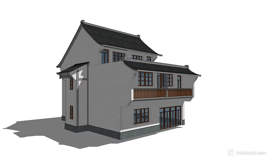 Chinese Style Two Story Rural Self-built House With Gray Walls Black Tiled Roof Wooden Balcony 3d model 