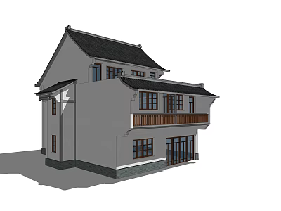 Chinese Style Two Story Rural Self-built House With Gray Walls Black Tiled Roof Wooden Balcony 3d model