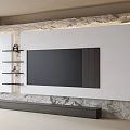 Modern TV Wall Design With White Panel Marble Accent Black Shelves And Wooden TV Stand
