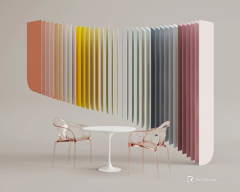 Stylish Transparent Chairs With White Round Table And Colorful Vertical Stripes Wall 3d model 