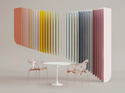 Stylish Transparent Chairs With White Round Table And Colorful Vertical Stripes Wall 3d model