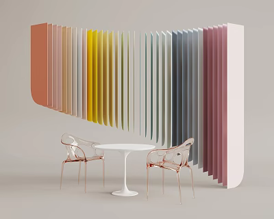 Stylish Transparent Chairs With White Round Table And Colorful Vertical Stripes Wall 3d model