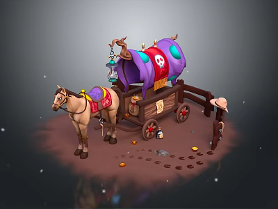 Colorful Horse Drawn Carriage With Purple Canopy Skull Pattern Coins And Small Figure 3d model