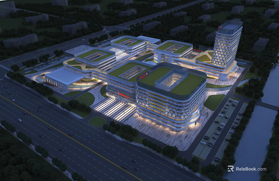 Modern Hospital Building Complex With Green Roofs Surrounding Roads Parking Areas And Illuminated Design 3d model 