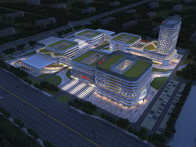 Modern Hospital Building Complex With Green Roofs Surrounding Roads Parking Areas And Illuminated Design 3d model