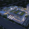 Modern Hospital Building Complex With Green Roofs Surrounding Roads Parking Areas And Illuminated Design
