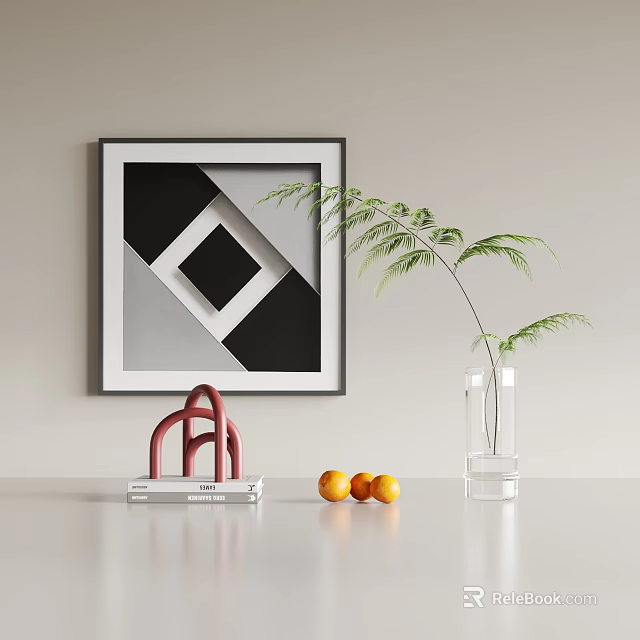 Tabletop Decorative Ornament Set with Geometric Painting Red Arch Ornament Oranges Clear Vase Green Sprigs 3d model 