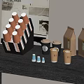 Disposable Coffee Cups With Storage Rack Small Cups And Paper Bags On Table 3d model