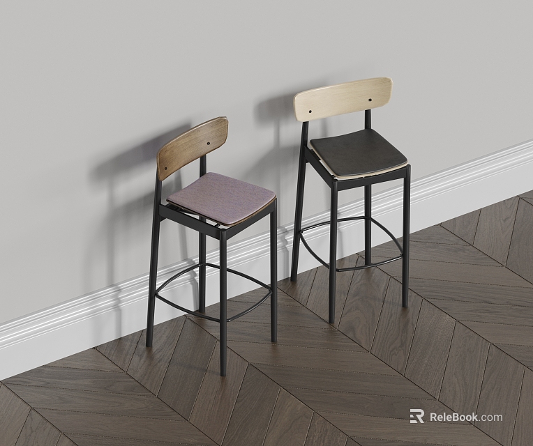 Two Bar Stools With Wooden Backrests Purple Black Cushions Black Metal Legs Against White Wall Herringbone Floor 3d model 