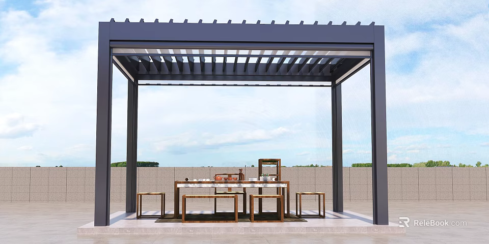 Modern Outdoor Pergola With Black Metal Frame Slatted Roof And Wooden Table Stools 3d model 