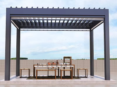 Modern Outdoor Pergola With Black Metal Frame Slatted Roof And Wooden Table Stools 3d model