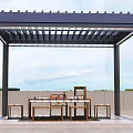 Modern Outdoor Pergola With Black Metal Frame Slatted Roof And Wooden Table Stools