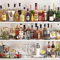 Various Types of Wine Bottles and Wine Glasses Displayed on Shelves with Bar Tools