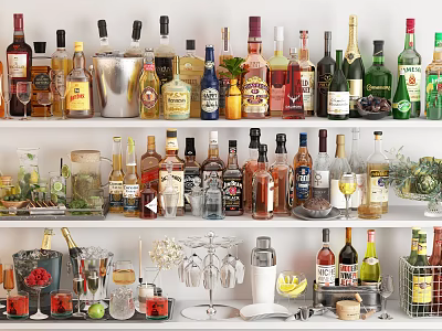 Various Types of Wine Bottles and Wine Glasses Displayed on Shelves with Bar Tools 3d model