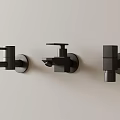 Three Black Wall Mounted Faucets with Different Designs on Light Colored Wall 3d model