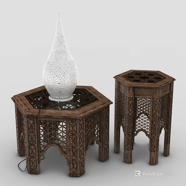 Intricate Wooden Hexagonal Side Tables With Carved Patterns And White Vase 3d model