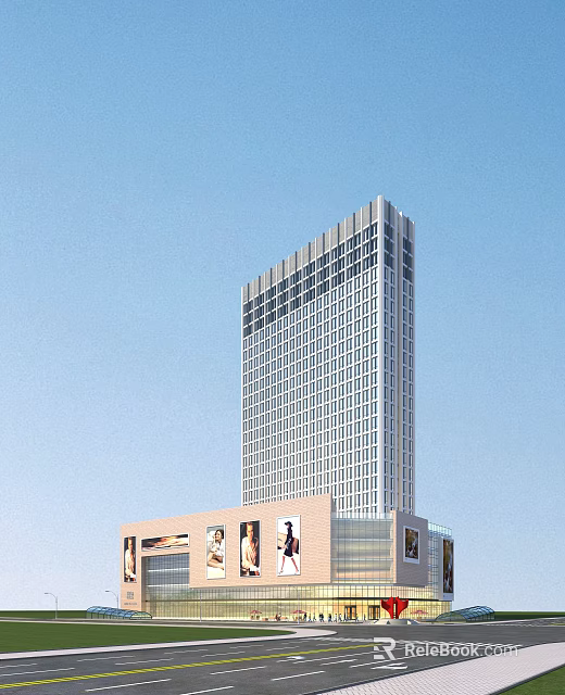 Modern Urban Commercial Complex Featuring High Rise Tower and Retail Storefronts 3d model