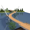 Modern Cable Stayed Bridge With Wooden Walkway Along Waterfront And Green Trees