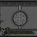 Chinese Style Scenic Wall With Circular Lattice Window Geometric Pattern Pine Tree Stones And Grass