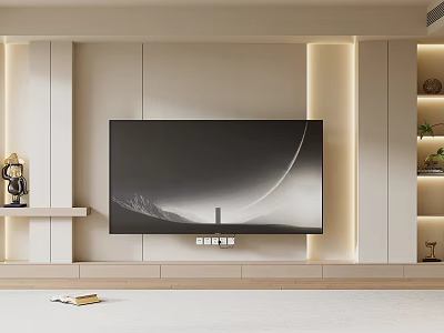 Modern TV Wall Design With LED Strip Lighting Wooden Panels And Floating Shelves 3d model