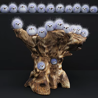 Fluffy White Birds With Blue Cheeks Perched On Tree Stump Base And Hidden In Holes 3d model