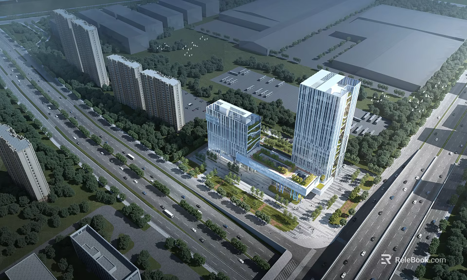 Modern High Rise Office Building With Greenery Surroundings Road And Parking Lot 3d model 