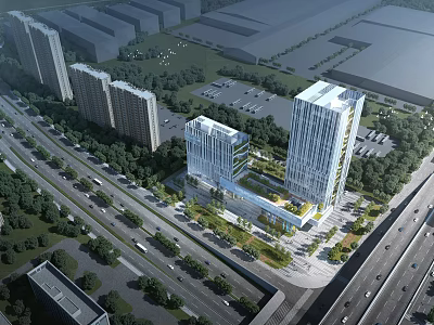 Modern High Rise Office Building With Greenery Surroundings Road And Parking Lot 3d model