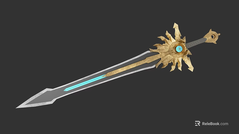 Ornate Fantasy Sword with Golden Sunflower Design Blue Gemstone and Glowing Blade 3d model 