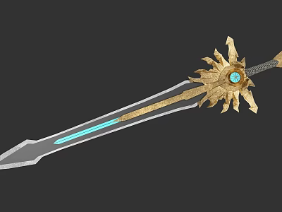 Ornate Fantasy Sword with Golden Sunflower Design Blue Gemstone and Glowing Blade 3d model