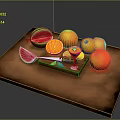 Fresh Plant Fruits on Wooden Cutting Board with Watermelon Oranges Lemon Slices and Knife