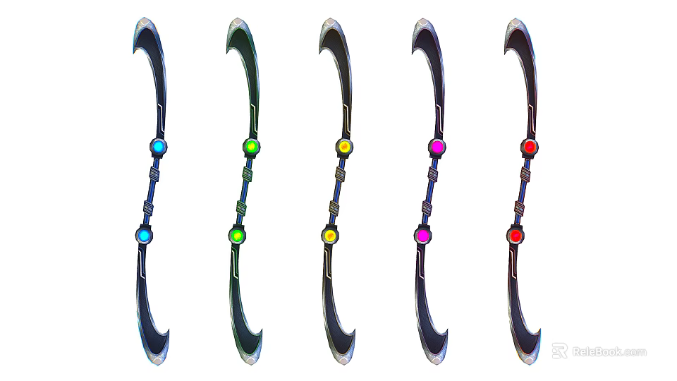 Five Scimitars Decorated With Different Colored Gemstones Arranged In A Row 3d model 