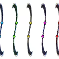 Five Scimitars Decorated With Different Colored Gemstones Arranged In A Row