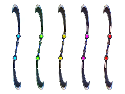 Five Scimitars Decorated With Different Colored Gemstones Arranged In A Row 3d model