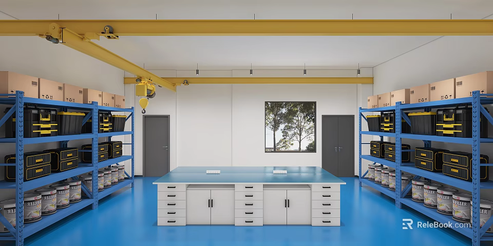 Industrial Workshop Interior With Blue Floor White Workbench Blue Shelves And Yellow Crane 3d model 