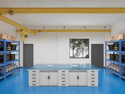 Industrial Workshop Interior With Blue Floor White Workbench Blue Shelves And Yellow Crane 3d model