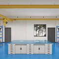 Industrial Workshop Interior With Blue Floor White Workbench Blue Shelves And Yellow Crane