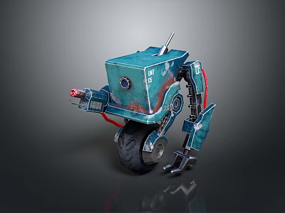 Teal Colored Robot Character With Mechanical Arm Red Cables Wheel Circular Camera And Metallic Texture 3d model
