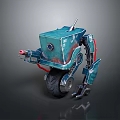 Teal Colored Robot Character With Mechanical Arm Red Cables Wheel Circular Camera And Metallic Texture